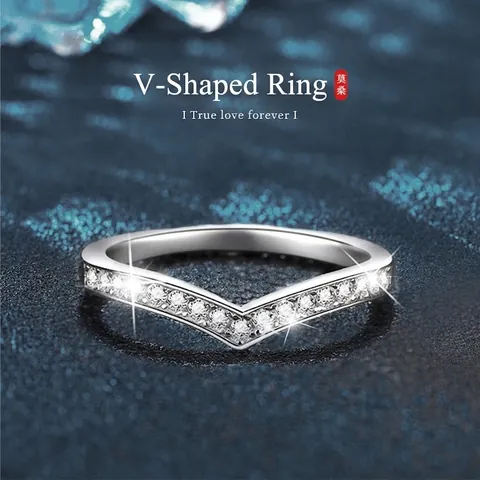 Anello in Argento Sterling 925 con Moissanite a Forma di V Donna Scintillante Full Pave Chevron Fede Nuziale Gioielli Minimalisti