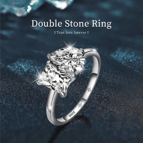 Bague Toi Et Moi en Argent Sterling 925 Moissanite Double Pierre Taille Poire et Princesse Alliance Électroplaquée Femme