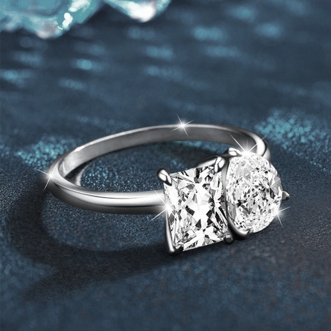 Bague Toi Et Moi en Argent Sterling 925 Moissanite Double Pierre Taille Poire et Princesse Alliance Électroplaquée Femme