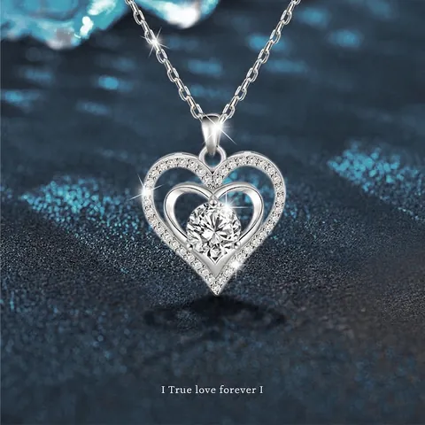 Collier Pendentif Coeur en Argent Sterling 925 pour Femme Élégant Moissanite Incrusté Double Coeur Forme d'amour Collier Bijoux Cadeau