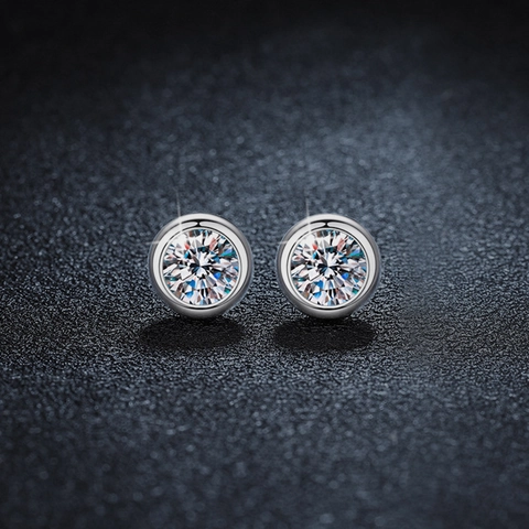 S925 Sterling Silver Moissanite Stud Earrings For Women 0.5 Carat Round Bezel Setting High End Moissanite Jewelry White Gold Plated Earrings