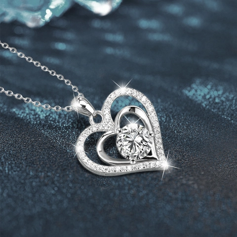 Collier Pendentif Coeur en Argent Sterling 925 pour Femme Élégant Moissanite Incrusté Double Coeur Forme d'amour Collier Bijoux Cadeau