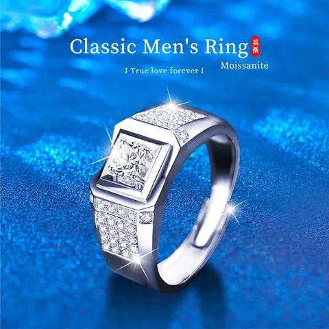 Herren 925 Sterlingsilber Moissanit Ring Weißgold Plattiert 2 Karat Moissanit Verstellbarer Offener Ring Mit GRA Zertifikat Modeschmuck
