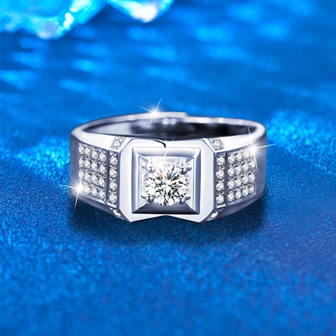 Herren 925 Sterlingsilber Moissanit Ring Weißgold Plattiert 2 Karat Moissanit Verstellbarer Offener Ring Mit GRA Zertifikat Modeschmuck