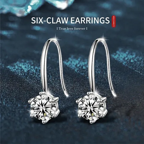 Classic Six-Prong Crown Moissanite Earrings 925 Sterling Silver Ear Hook D Color VVS1 Elegant Dangle Jewelry For Women