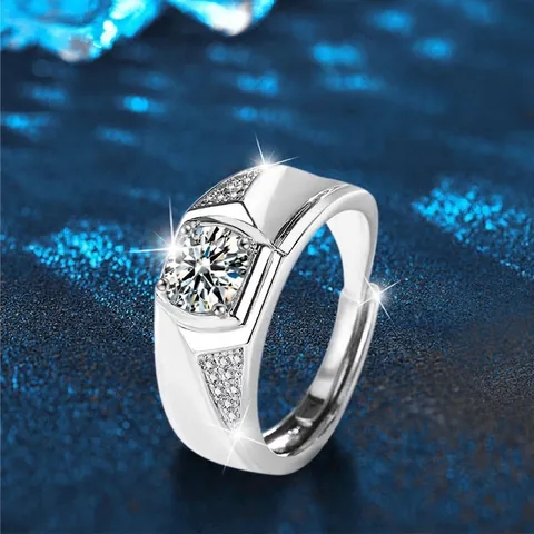 Men 925 Sterling Silver Moissanite Ring Adjustable White Gold Plated 1 Carat D Color Round Inlaid Rhinestone Fashion Band Ring