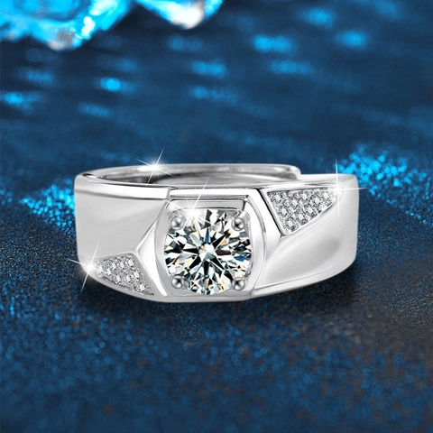 Men 925 Sterling Silver Moissanite Ring Adjustable White Gold Plated 1 Carat D Color Round Inlaid Rhinestone Fashion Band Ring