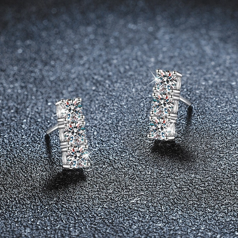 S925 Sterling Silver Moissanite Screw Back Stud Earrings Geometric Triple Stone Row Bar Earrings For Women Commuter Jewelry