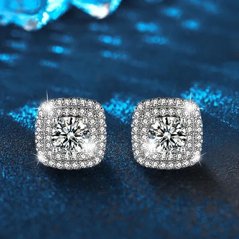 925 Sterling Silver Moissanite Stud Earrings Square Halo Sugar Cube Design 0.5ct D Color VVS1 Gemstone Earrings For Women Jewelry
