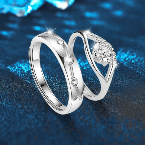 925 Sterling Silver Moissanite Couple Rings Set D Color VVS1 Round Cut Adjustable Open Ring For Men Women Romantic Jewelry Gift