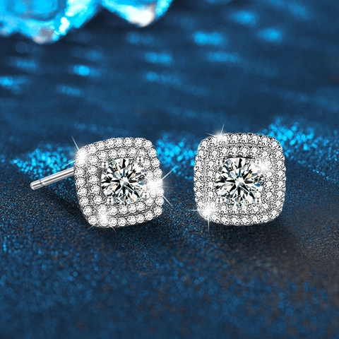 925 Sterling Silver Moissanite Stud Earrings Square Halo Sugar Cube Design 0.5ct D Color VVS1 Gemstone Earrings For Women Jewelry