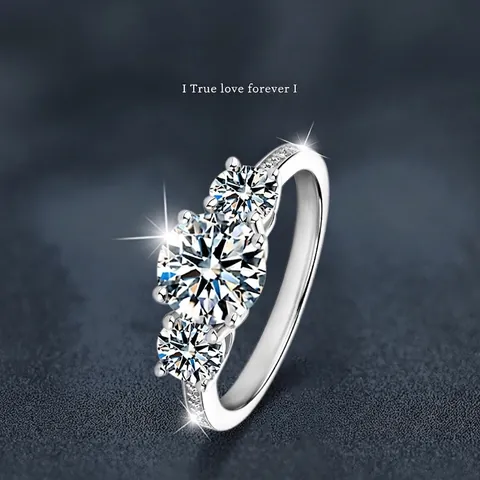 Luxe 925 Sterling Zilveren Moissaniet Ring Voor Vrouwen Ronde Slijpvorm Drie-Stenen Verlovingsring Fijne Sieraden Huwelijksgeschenk
