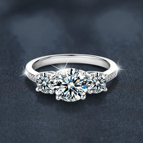 Luxe 925 Sterling Zilveren Moissaniet Ring Voor Vrouwen Ronde Slijpvorm Drie-Stenen Verlovingsring Fijne Sieraden Huwelijksgeschenk