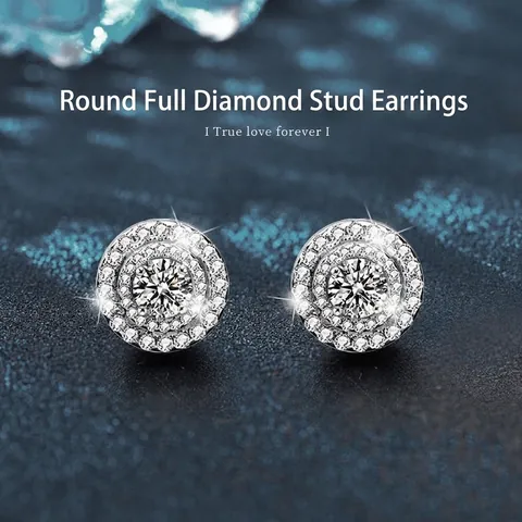 Lussuosi Orecchini a Bottone in Moissanite in Argento Sterling 925 per Donna Eleganti Tondi Doppia Aureola Gioielli di Moda