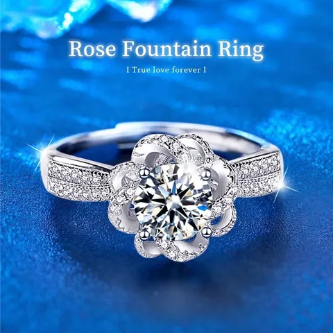 Anillo de Fuente de Rosas de Plata de Ley 925 con Moissanita para Mujer Elegante Anillo Abierto de Flor Ajustable Joyería de Boda