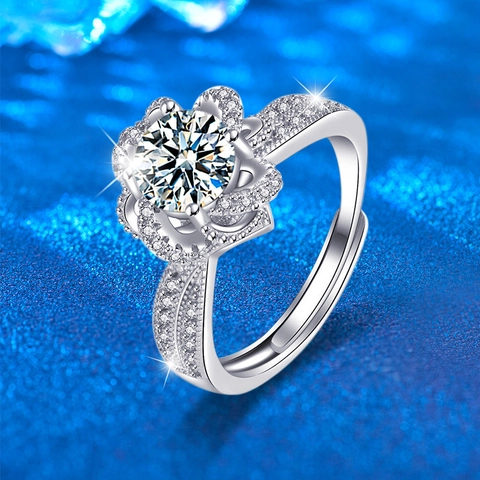Anillo de Fuente de Rosas de Plata de Ley 925 con Moissanita para Mujer Elegante Anillo Abierto de Flor Ajustable Joyería de Boda