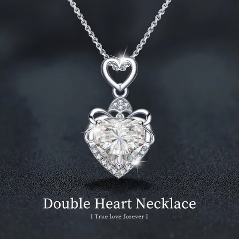 Collana con Ciondolo a Cuore in Argento Sterling 925 Moissanite per Donna Lusso Fiocco Strass Doppio Cuore Catena da Clavicola Gioielli Regalo