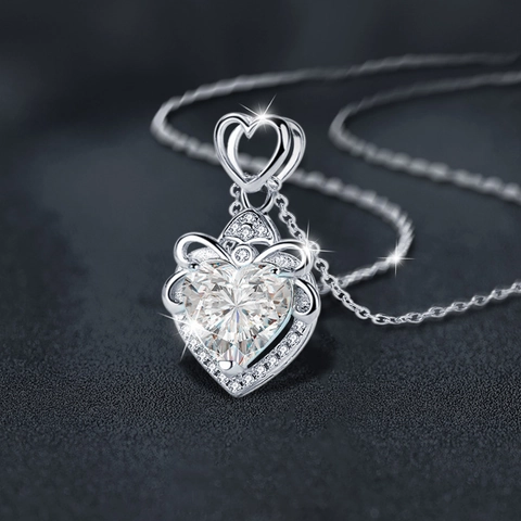 Collana con Ciondolo a Cuore in Argento Sterling 925 Moissanite per Donna Lusso Fiocco Strass Doppio Cuore Catena da Clavicola Gioielli Regalo