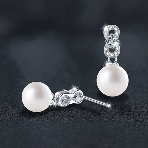 Orecchini a Bottone in Argento Sterling S925 Moissanite Perla Artificiale Elegante Simbolo Infinito Intarsiato Gioielli