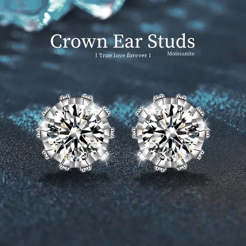 Pendientes de Botón de Corona de Moissanita de Plata de Ley 925 Color D Brillante Moissanita Incrustada Joyería Elegante Regalo