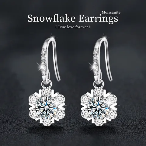 925 Sterling Silver Moissanite Snowflake Drop Hook Earrings For Women D Color GRA Certified Luxurious Jewelry Gift
