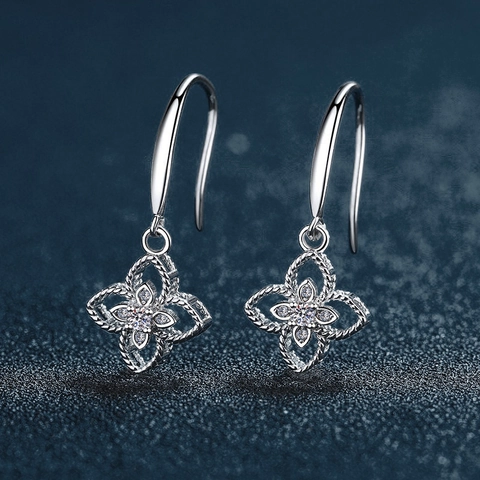S925 Sterling Silver Moissanite Four Leaf Clover Drop Earrings For Women Elegant Rope Texture Inlaid Fine Jewelry Gift