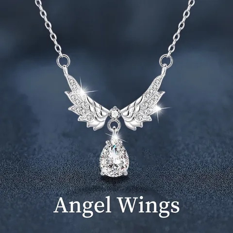 Collana con Pendente in Argento Sterling 925 Ali d'Angelo e Moissanite per Donna Catena da Clavicola di Lusso Taglio a Pera Gioielli Regalo