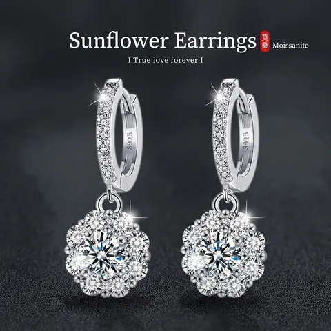 Luxury 925 Sterling Silver Moissanite Sunflower Earrings For Women Elegant D Color Flower Drop Earrings Wedding Party Jewelry