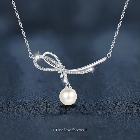 Collana in Argento Sterling 925 con Fiocco in Moissanite e Perla Artificiale Donna Elegante Versatile Moda Gioielli Regalo