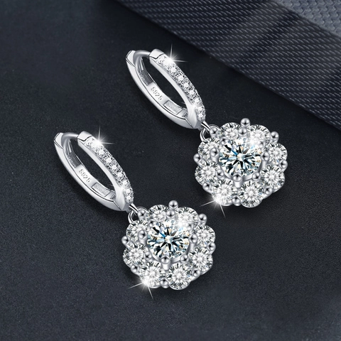 Luxury 925 Sterling Silver Moissanite Sunflower Earrings For Women Elegant D Color Flower Drop Earrings Wedding Party Jewelry