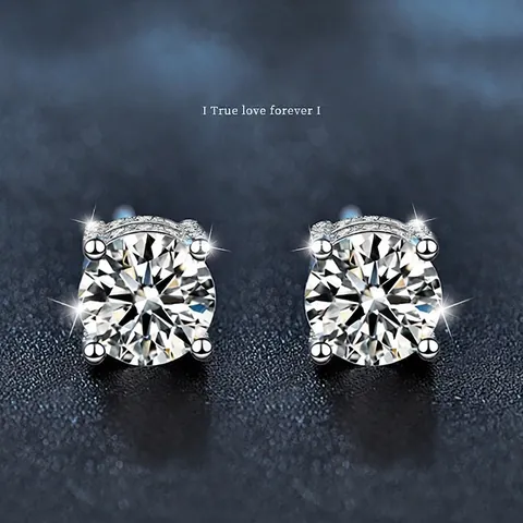 925 Sterling Silver Moissanite Stud Earrings For Women D Color Round Brilliant Cut Four Claw Pave Rhinestone Ear Jewelry
