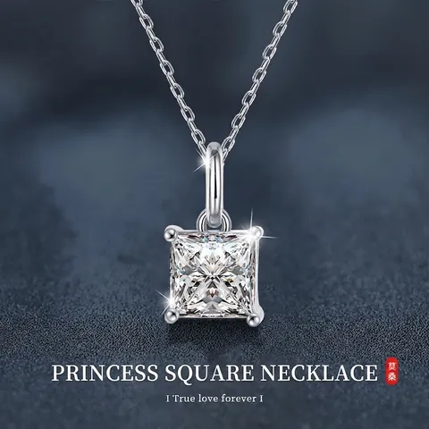 Collar con Colgante de Moissanita de Plata de Ley 925 Corte Princesa Cuadrado Color D Joyería Cadena de Clavícula para Mujer Elegante Regalo de Cumpleaños