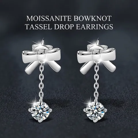 Luxury 925 Sterling Silver Bowknot Tassel Earrings Sparkle Moissanite Drop Earrings For Women Wedding Party Jewelry Gift
