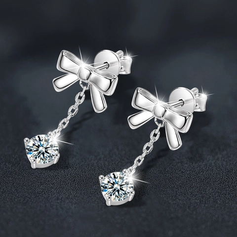 Luxury 925 Sterling Silver Bowknot Tassel Earrings Sparkle Moissanite Drop Earrings For Women Wedding Party Jewelry Gift