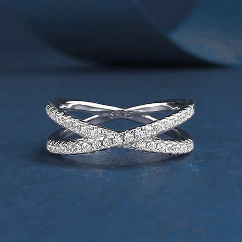 Anello in Argento Sterling 925 con Moissanite per Donna Fascia Incrociata a Forma di X Colore D con Certificato GRA