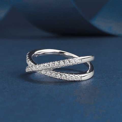 Anello in Argento Sterling 925 con Moissanite per Donna Fascia Incrociata a Forma di X Colore D con Certificato GRA