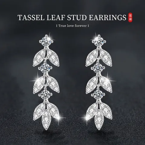 925 Sterling Silver Moissanite Leaf Drop Earrings For Women Elegant Tassel Dangle Earrings Shiny Botanical Fashion Jewelry