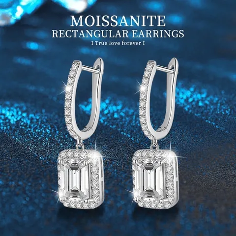 Boucles d'Oreilles Moissanite Taille Radiant Argent Sterling 925 Dormeuses Créoles Taille Émeraude Halo Bijoux Femme