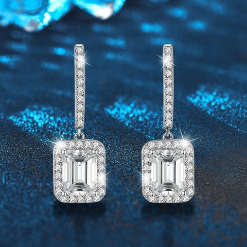 Boucles d'Oreilles Moissanite Taille Radiant Argent Sterling 925 Dormeuses Créoles Taille Émeraude Halo Bijoux Femme