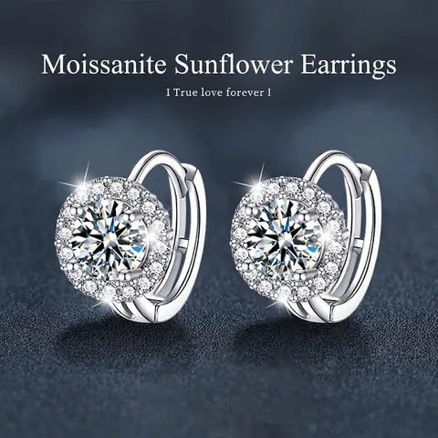 Pendientes de Aro de Plata de Ley S925 Girasol Moissanita para Mujer Color D VVS1 Halo Flor Huggie Pendientes Joyería