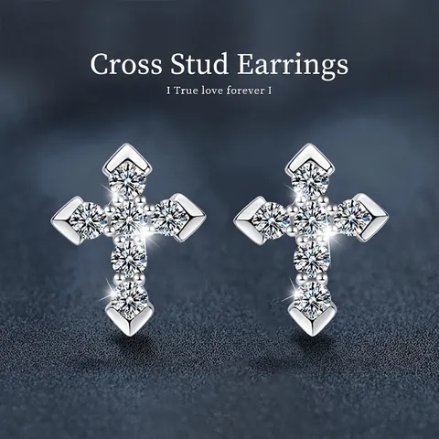 925 Sterling Silver Moissanite Cross Stud Earrings For Women Shiny Diamond Look Religious D Color VVS1 Fashion Jewelry