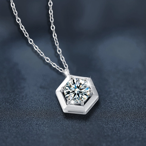 Collar de Plata de Ley S925 Con Moissanita para Mujer Colgante Geométrico Hexagonal Color D VVS1 Joyería de Regalo Elegante