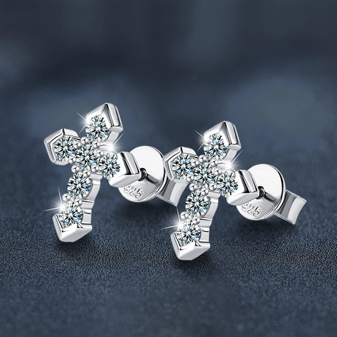 925 Sterling Silver Moissanite Cross Stud Earrings For Women Shiny Diamond Look Religious D Color VVS1 Fashion Jewelry