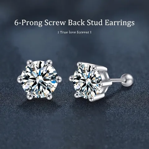 Classic Six-Prong Moissanite Stud Earrings 925 Sterling Silver Ball Screw Back Round Brilliant Cut Elegant Jewelry For Women