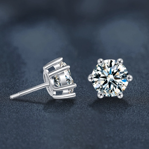 Classic Six-Prong Moissanite Stud Earrings 925 Sterling Silver Ball Screw Back Round Brilliant Cut Elegant Jewelry For Women