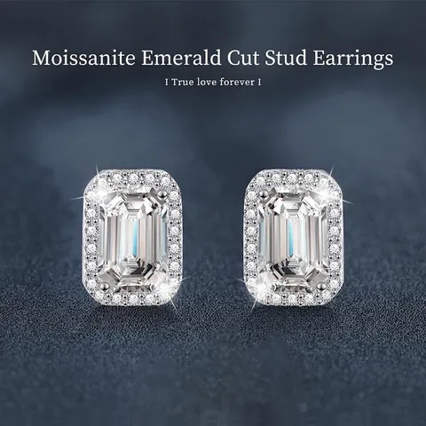 Boucles d'Oreilles Clous en Moissanite Taille Émeraude Tige en Argent Sterling 925 1 Carat Rectangulaires Halo Boucles d'Oreilles pour Femme Plaqué Or Blanc Bijoux