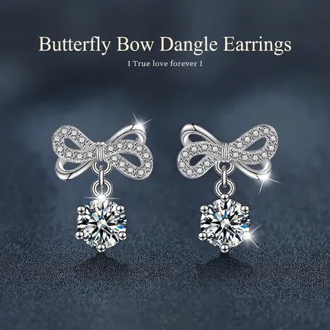 Luxury 925 Sterling Silver Bowknot Moissanite Stud Earrings Round Brilliant Cut Elegant Fashion Jewelry For Women