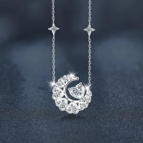 925 Sterling Silver Moissanite Star Moon Necklace For Women D Color VVS1 Heart Pendant Clavicle Chain Luxury Jewelry With GRA Certificate