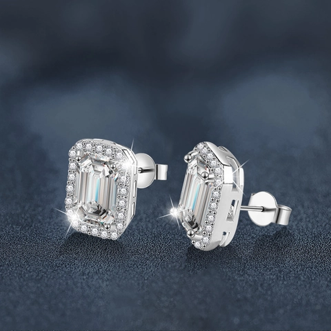Boucles d'Oreilles Clous en Moissanite Taille Émeraude Tige en Argent Sterling 925 1 Carat Rectangulaires Halo Boucles d'Oreilles pour Femme Plaqué Or Blanc Bijoux