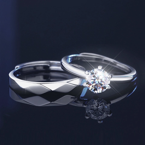 S925 Sterling Silver Moissanite Couple Ring Set Minimalist Six-Claw Engagement Wedding Adjustable Quilted Pattern Ring For Women Men Jewelry